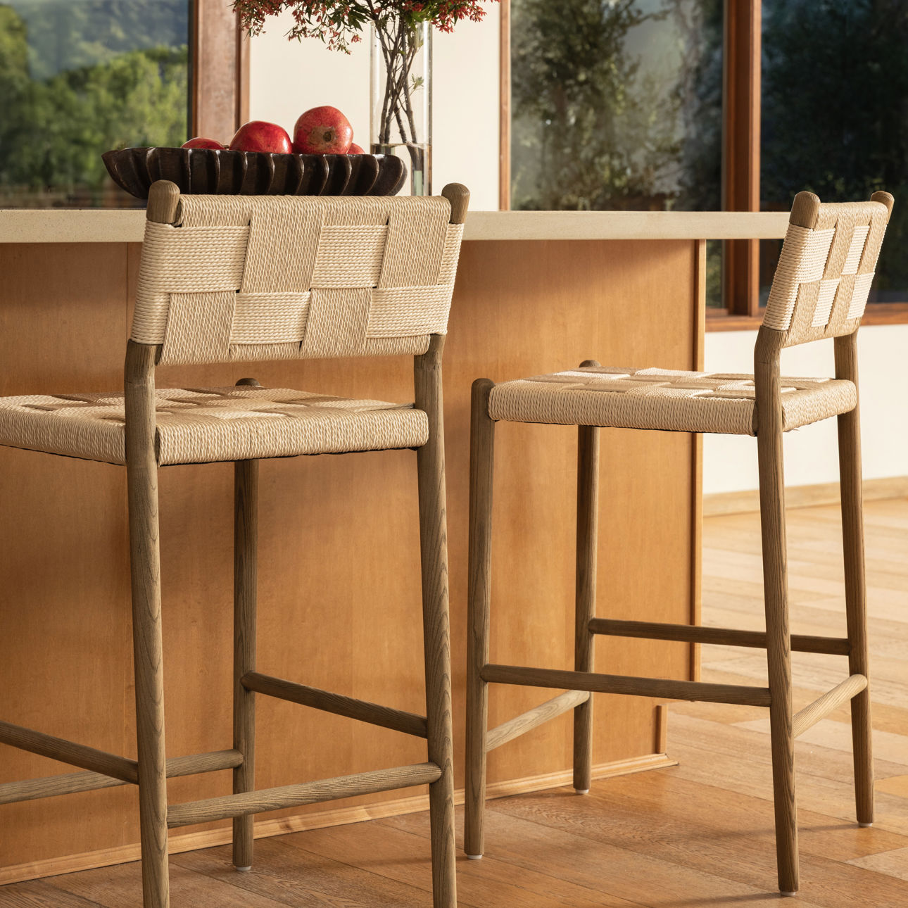 Natural and Light Brown Paper Cord Yarn and Ash Wood Stool 18.5 in Wide