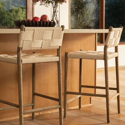 Natural and Light Brown Paper Cord Yarn and Ash Wood Stool 18.5 in Wide