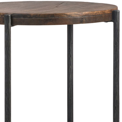 Antique Medium Brown Wood Finish and Black Iron Legs Mango Wood and Forged Steel Base Table 26 in Wide