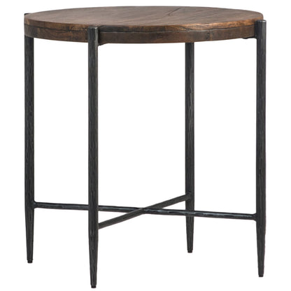 Antique Medium Brown Wood Finish and Black Iron Legs Mango Wood and Forged Steel Base Table 26 in Wide
