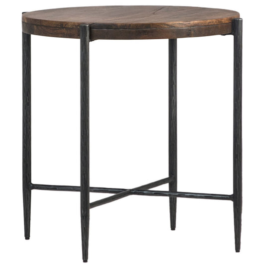 Antique Medium Brown Wood Finish and Black Iron Legs Mango Wood and Forged Steel Base Table 26 in Wide