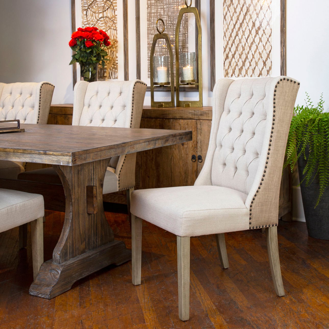 Light Sand Upholstery and Light Warm Wash Wood Legs Linen Blend Upholstery and Rubber Wood Legs Chair 23 in Wide