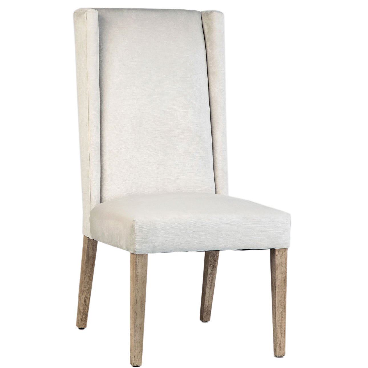 Off White Upholstery and Light Warm Wash Wood Legs Low Pile Velvet Upholstery and Rubber Wood Legs Chair 23 in Wide