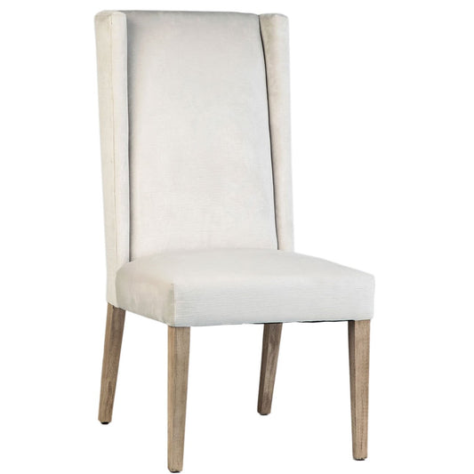 Off White Upholstery and Light Warm Wash Wood Legs Low Pile Velvet Upholstery and Rubber Wood Legs Chair 23 in Wide