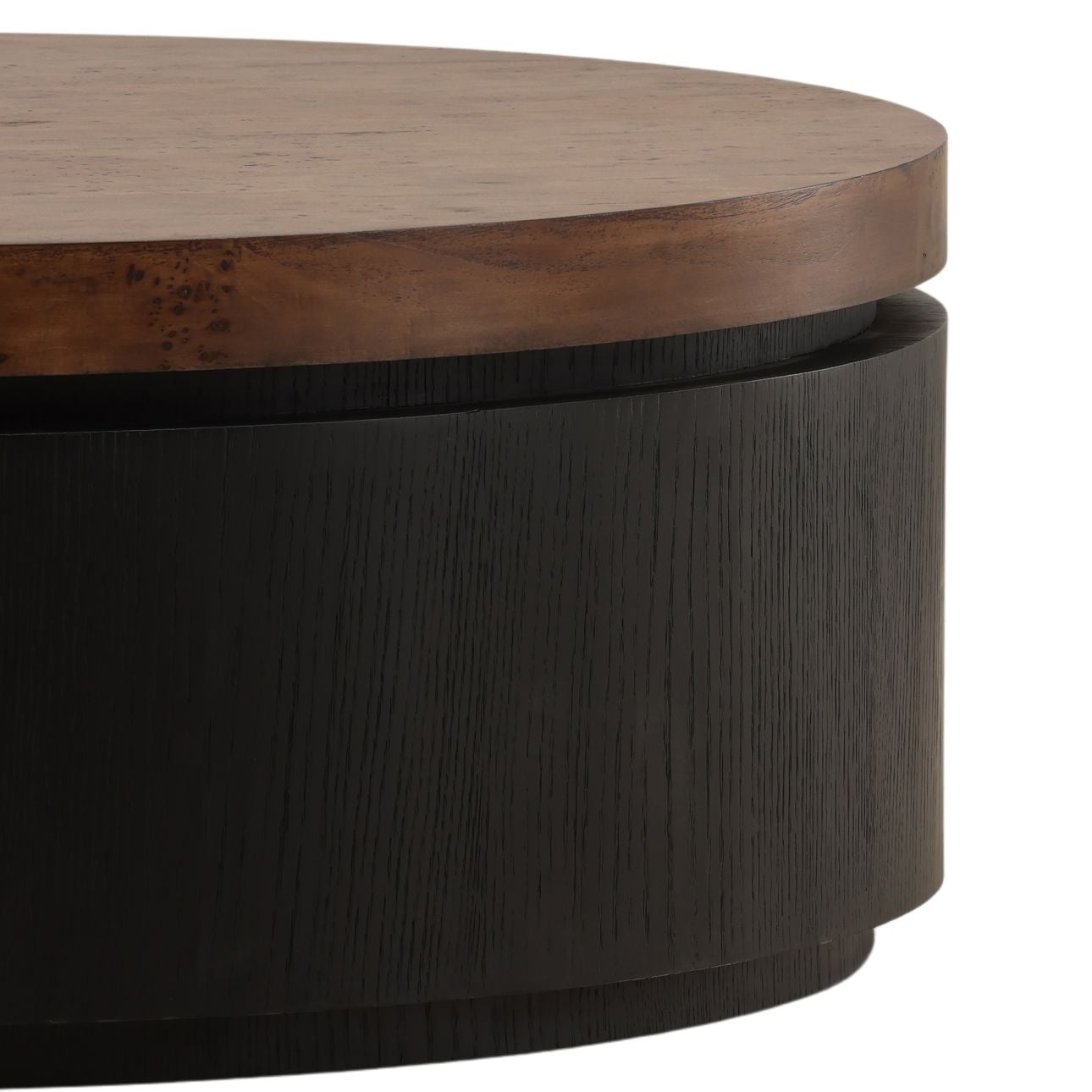 Brown and Black Burl Veneer, Oak Veneer and Acacia Wood Table 42 in Wide