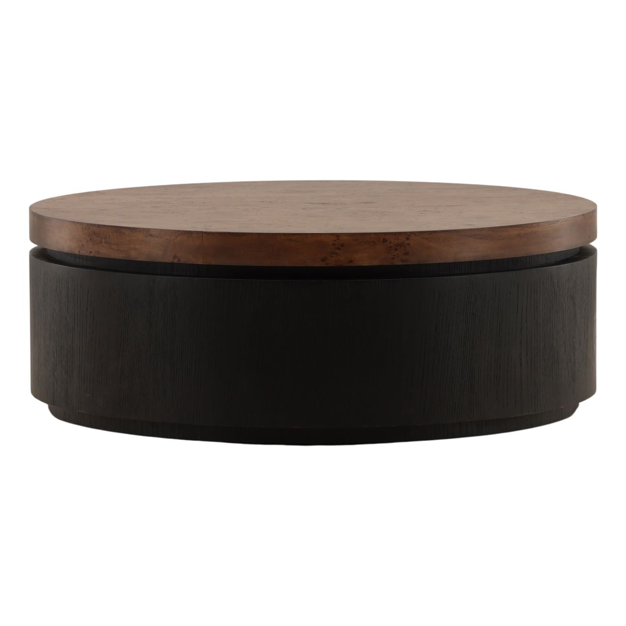 Brown and Black Burl Veneer, Oak Veneer and Acacia Wood Table 42 in Wide