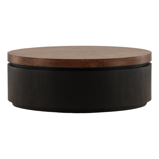 Brown and Black Burl Veneer, Oak Veneer and Acacia Wood Table 42 in Wide