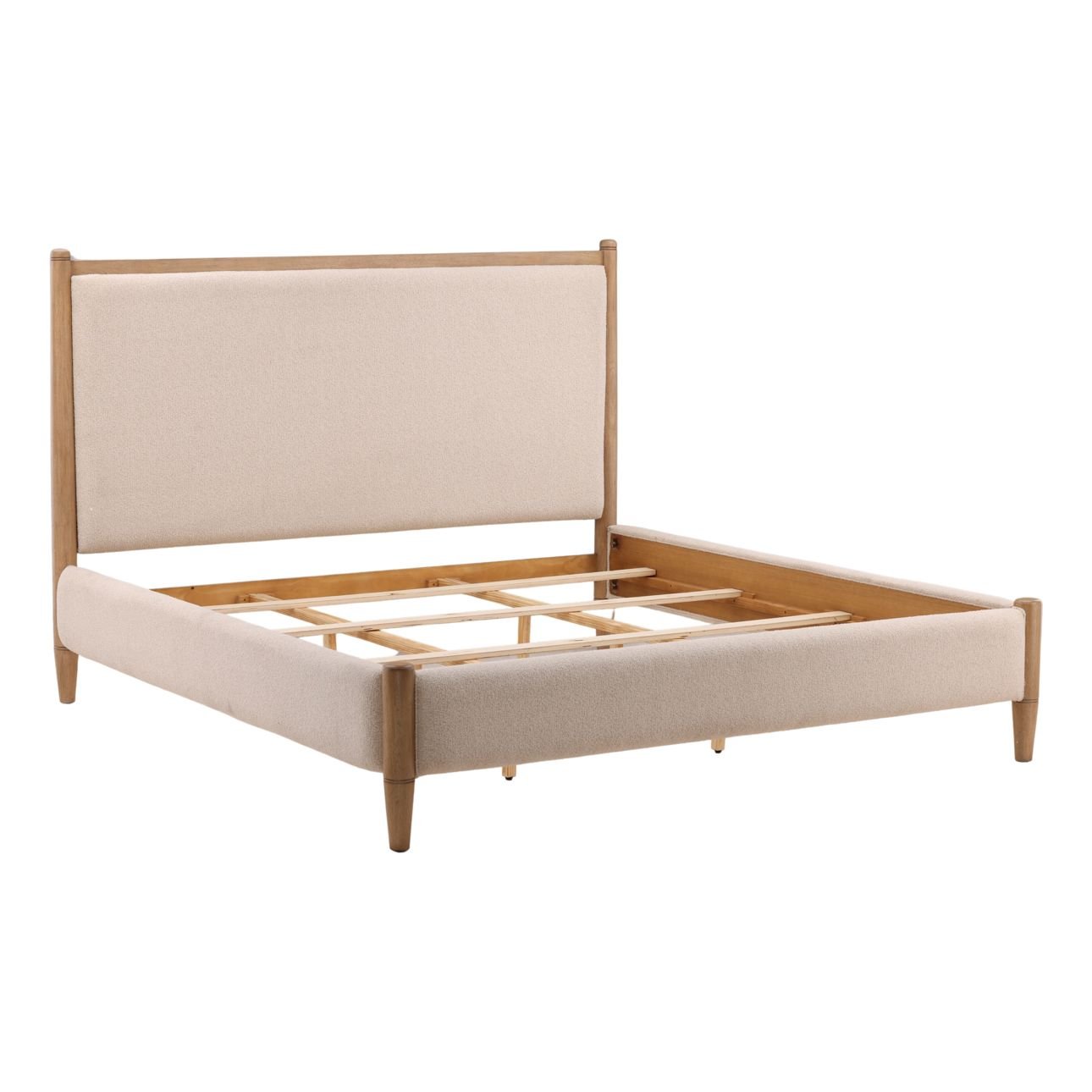 Cream and Natural Boucle Fabric and Rubberwood Bed 67 in Wide