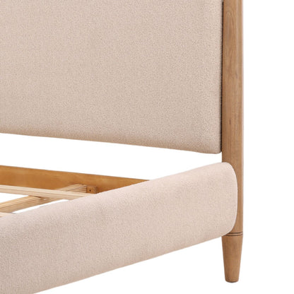 Cream and Natural Boucle Fabric and Rubberwood Bed 67 in Wide