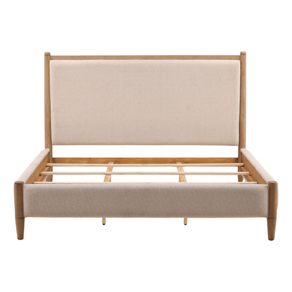 Cream and Natural Boucle Fabric and Rubberwood Bed 67 in Wide