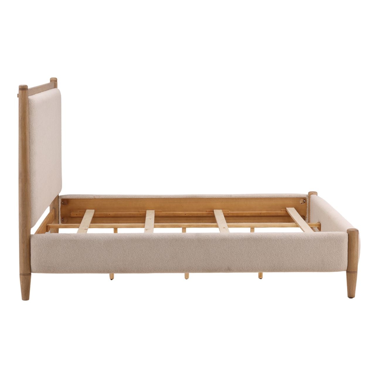 Cream and Natural Boucle Fabric and Rubberwood Bed 67 in Wide