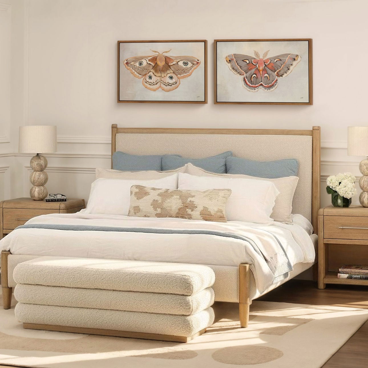 Cream and Natural Boucle Fabric and Rubberwood Bed 67 in Wide