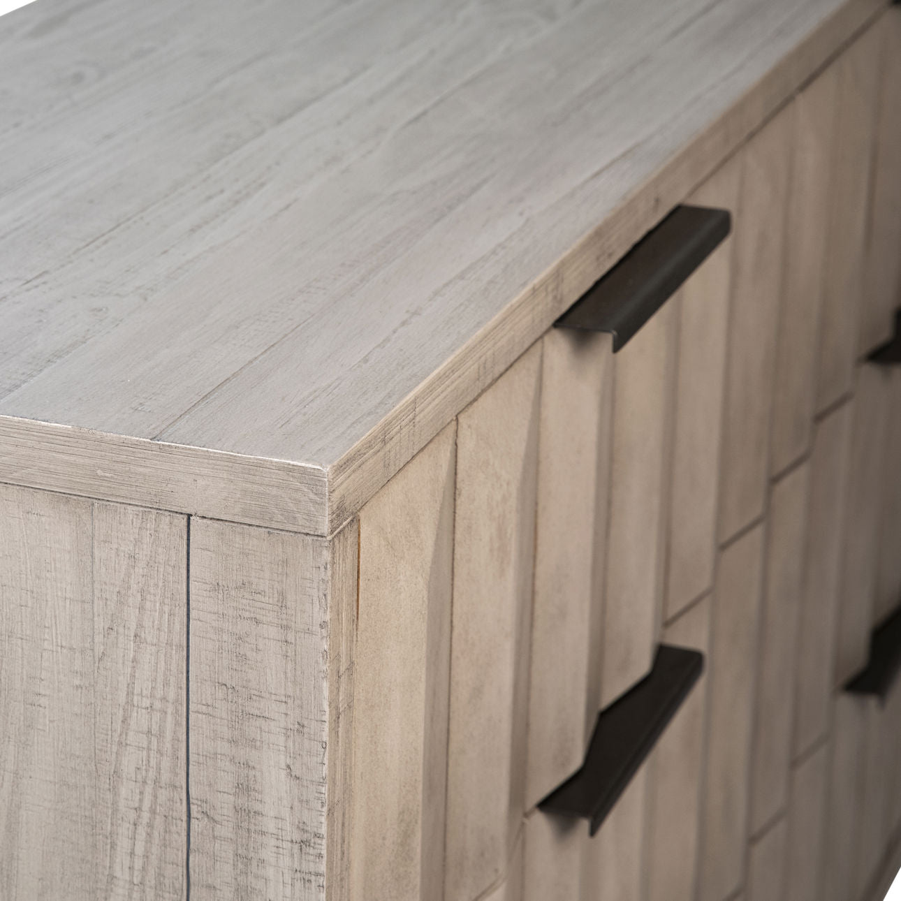 Light Grey Wash Sealed Finish and Black Base Solid Pine Wood and Veneer with Iron Base and Hardware Dresser 59 in Wide