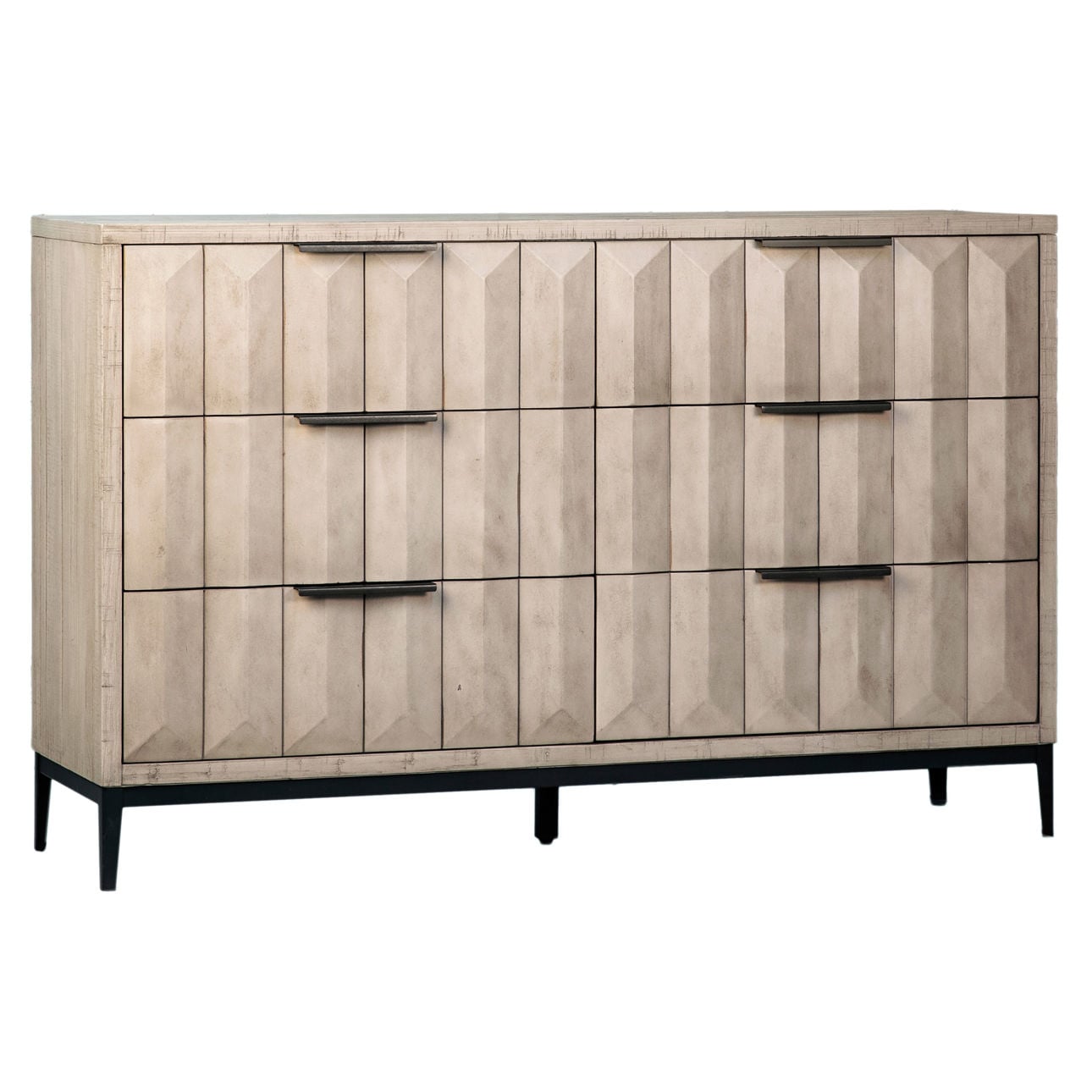 Light Grey Wash Sealed Finish and Black Base Solid Pine Wood and Veneer with Iron Base and Hardware Dresser 59 in Wide