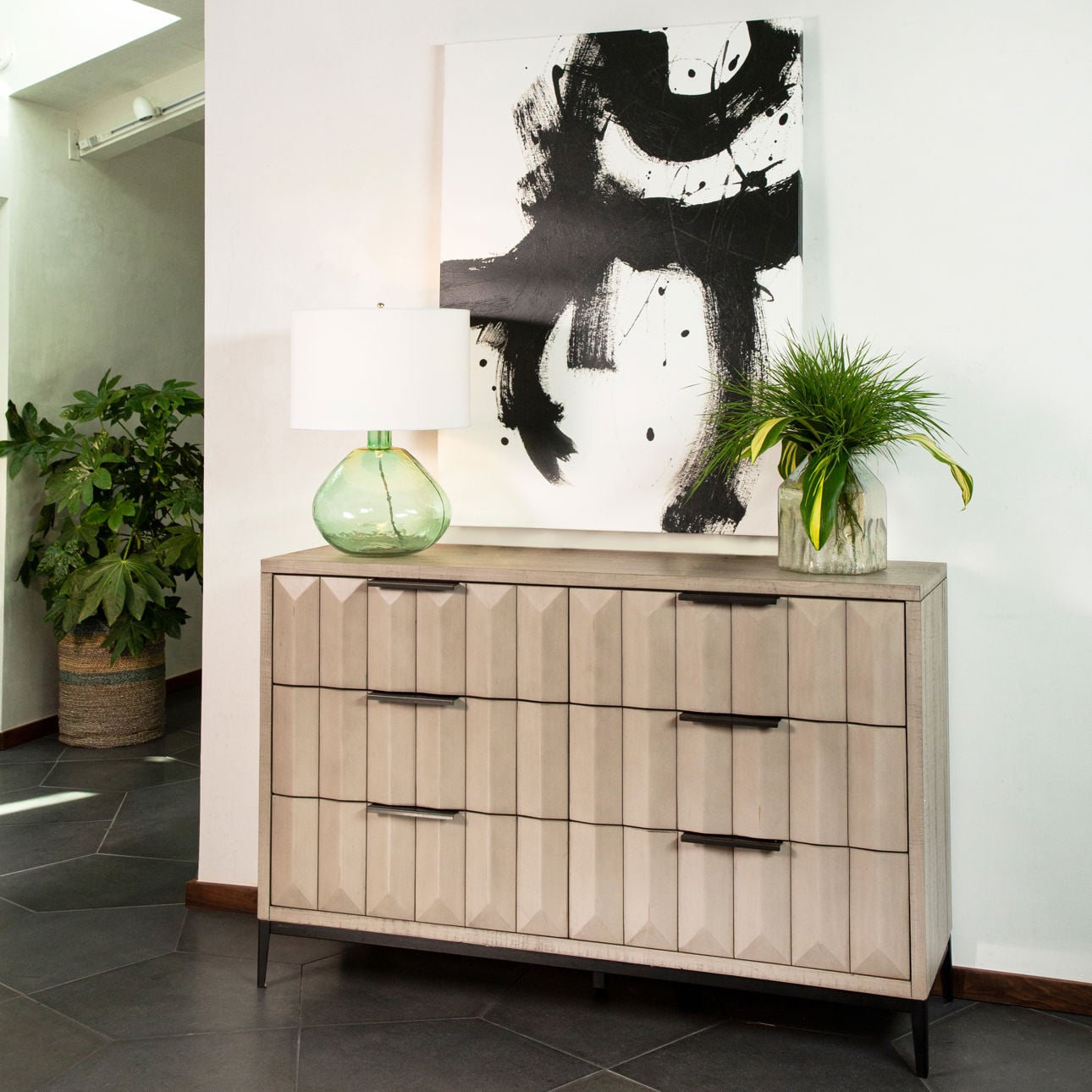Light Grey Wash Sealed Finish and Black Base Solid Pine Wood and Veneer with Iron Base and Hardware Dresser 59 in Wide