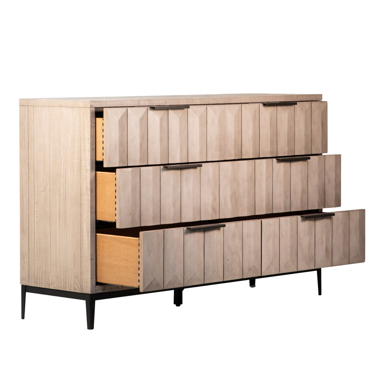 Light Grey Wash Sealed Finish and Black Base Solid Pine Wood and Veneer with Iron Base and Hardware Dresser 59 in Wide