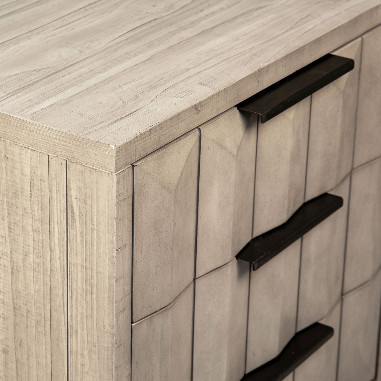 Light Grey Wash Sealed Finish and Black Base Solid Pine Wood and Iron Base Nightstand 26 in Wide
