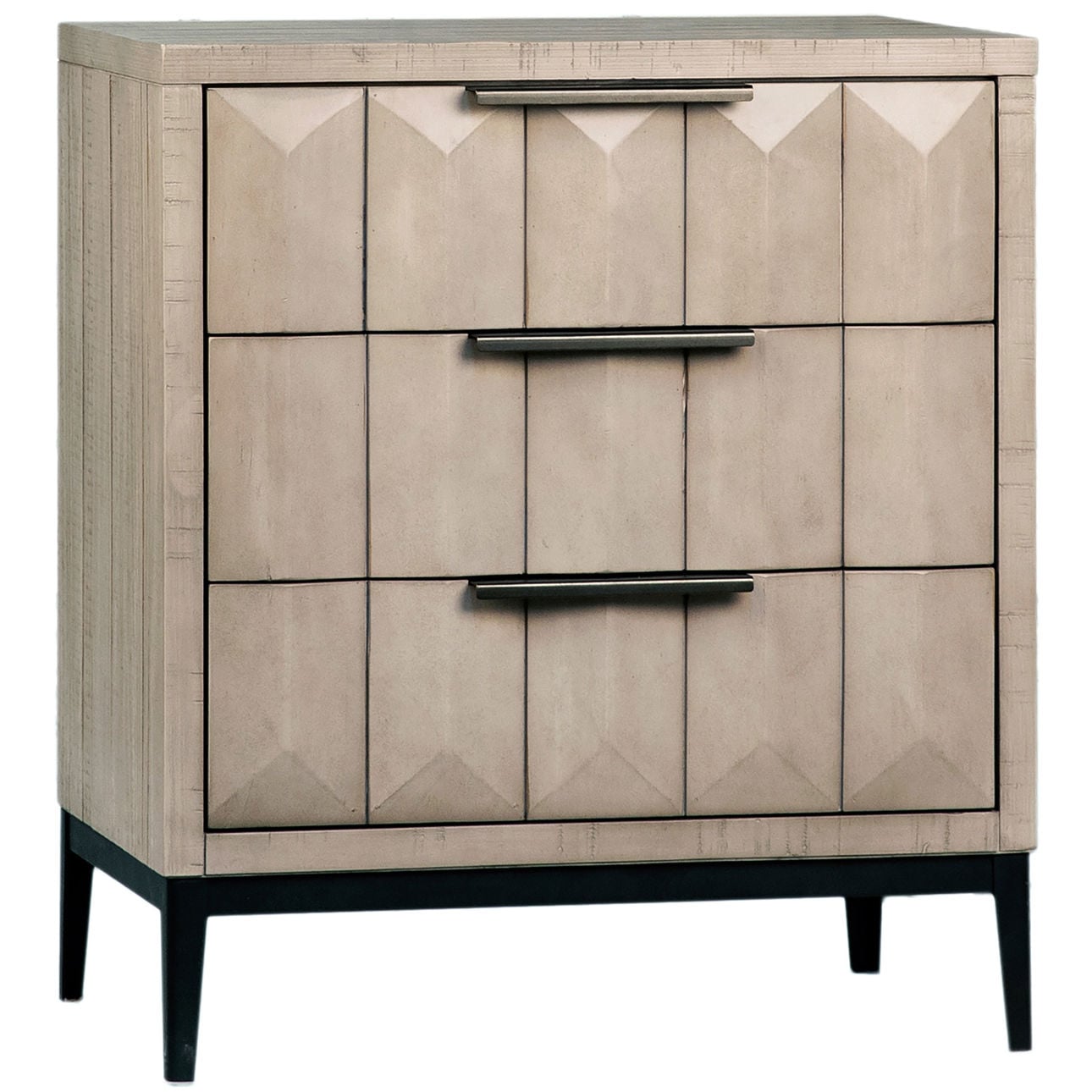 Light Grey Wash Sealed Finish and Black Base Solid Pine Wood and Iron Base Nightstand 26 in Wide