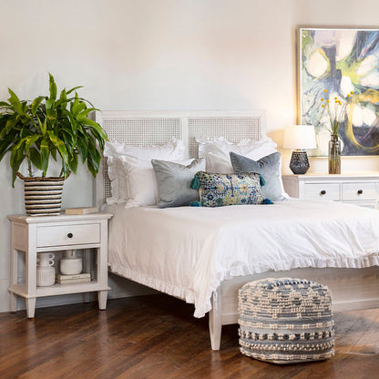Whitewash Finish Reclaimed Acacia Wood and Rattan Bed 63 in Wide