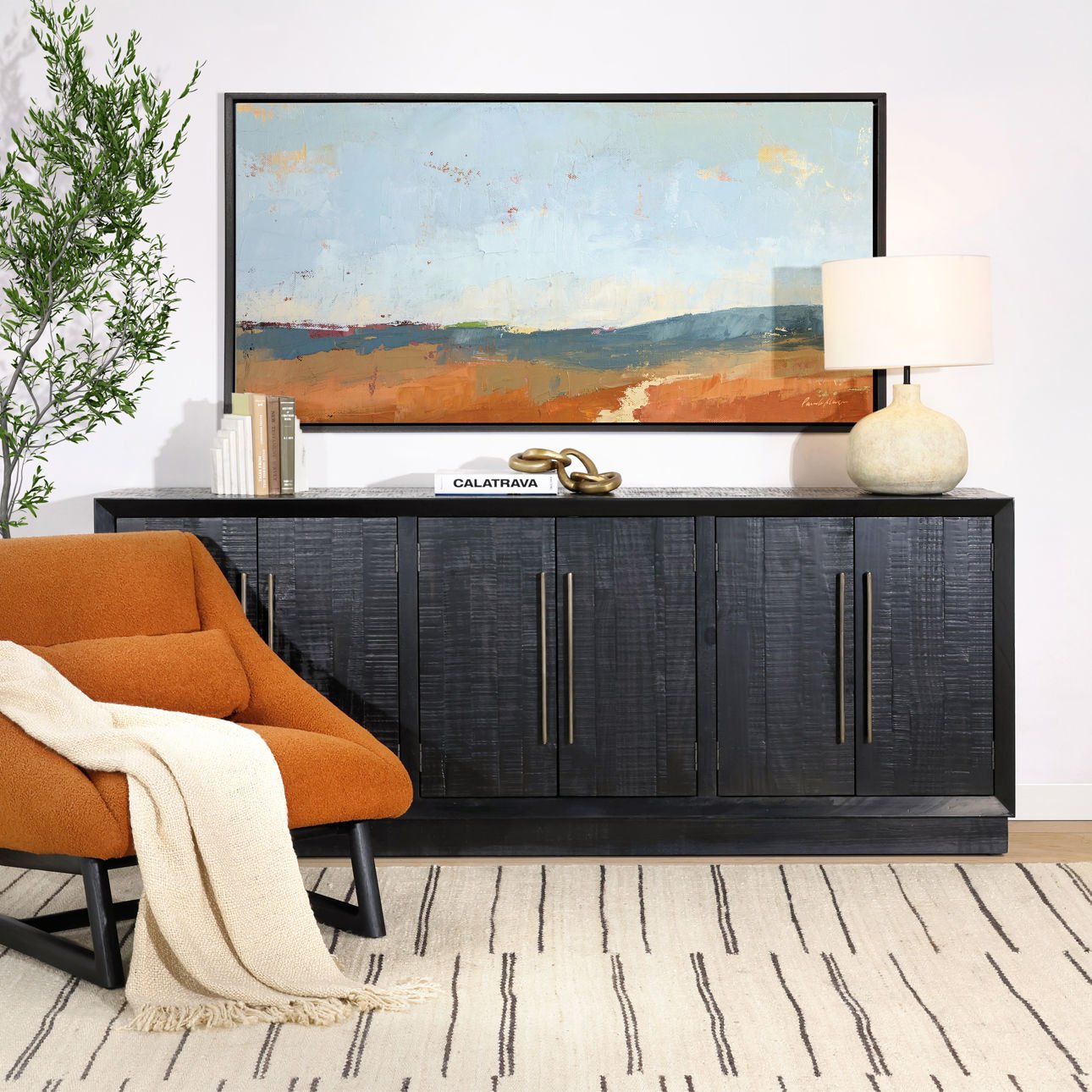 Black Pine Wood Sideboard 86 in Wide