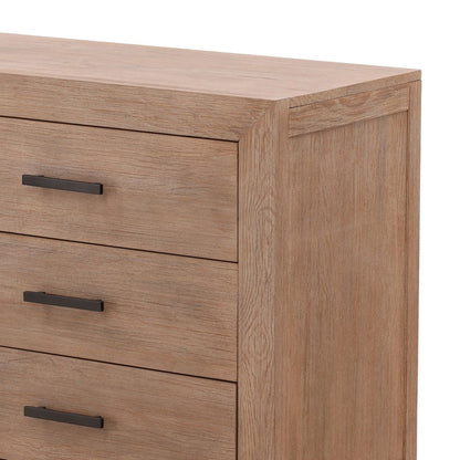Light Warm Wash and Black Handles Solid Pine Wood and Pine Veneer Dresser 67 in Wide