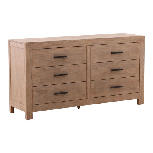 Light Warm Wash and Black Handles Solid Pine Wood and Pine Veneer Dresser 67 in Wide