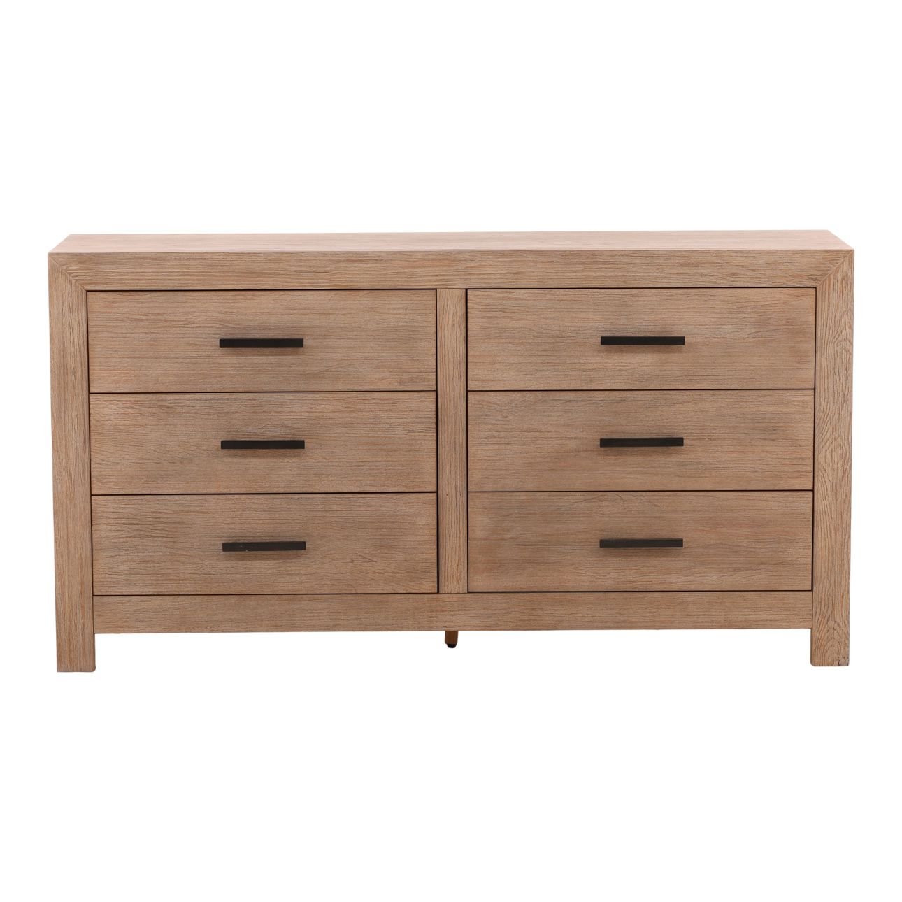 Light Warm Wash and Black Handles Solid Pine Wood and Pine Veneer Dresser 67 in Wide
