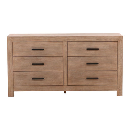 Light Warm Wash and Black Handles Solid Pine Wood and Pine Veneer Dresser 67 in Wide