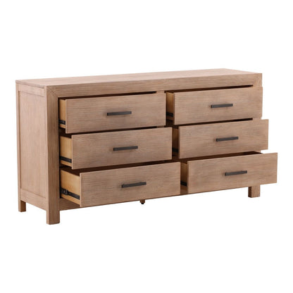 Light Warm Wash and Black Handles Solid Pine Wood and Pine Veneer Dresser 67 in Wide