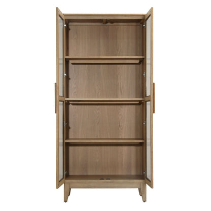 Natural Rubber Wood, Oak Veneer and Glass Cabinet 35 in Wide