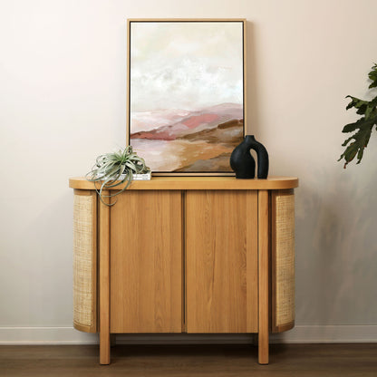 Natural Rubber Wood, Oak Veneer and Cane Sideboard 47 in Wide