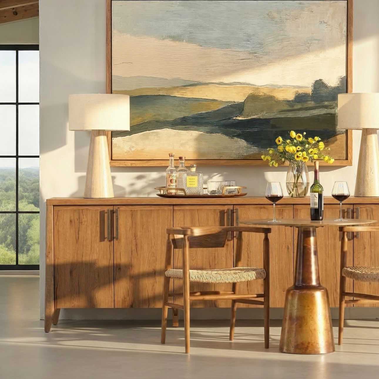 Brown Rubber Wood and Oak Veneer Sideboard 95.5 in Wide