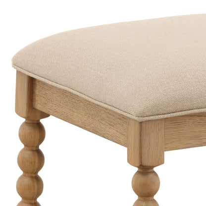 Beige and Natural Basketweave Fabric and Oak Wood Stool 18.5 in Wide