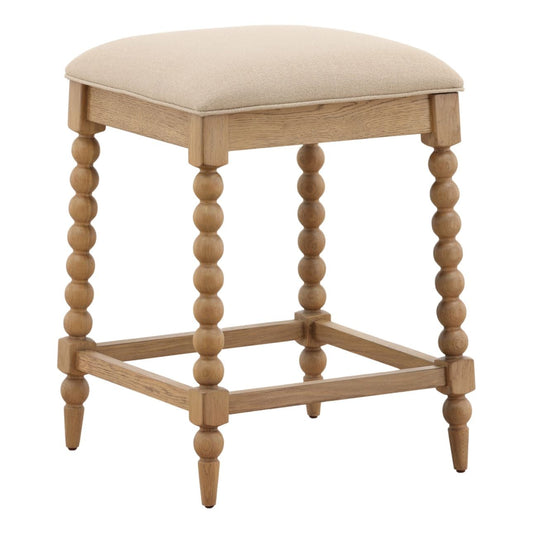 Beige and Natural Basketweave Fabric and Oak Wood Stool 18.5 in Wide