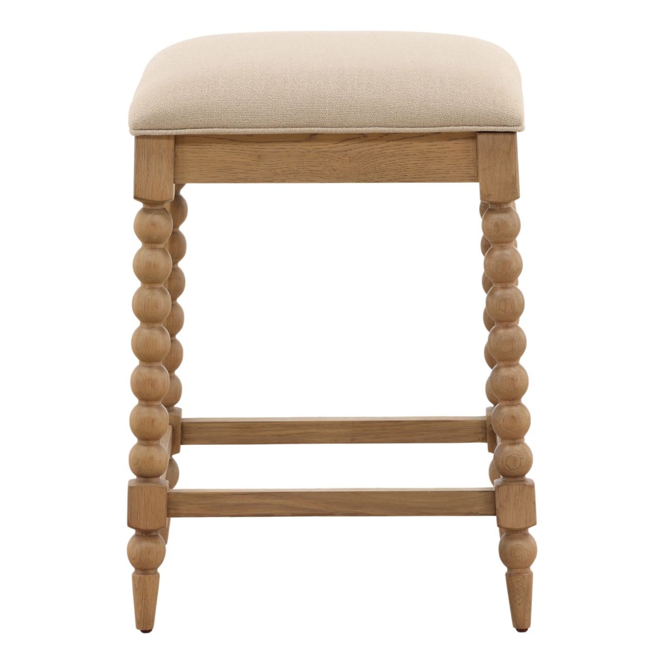 Beige and Natural Basketweave Fabric and Oak Wood Stool 18.5 in Wide