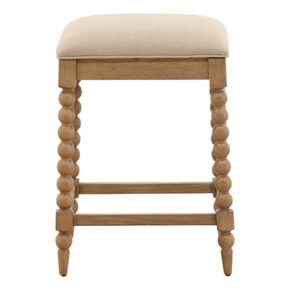 Beige and Natural Basketweave Fabric and Oak Wood Stool 18.5 in Wide