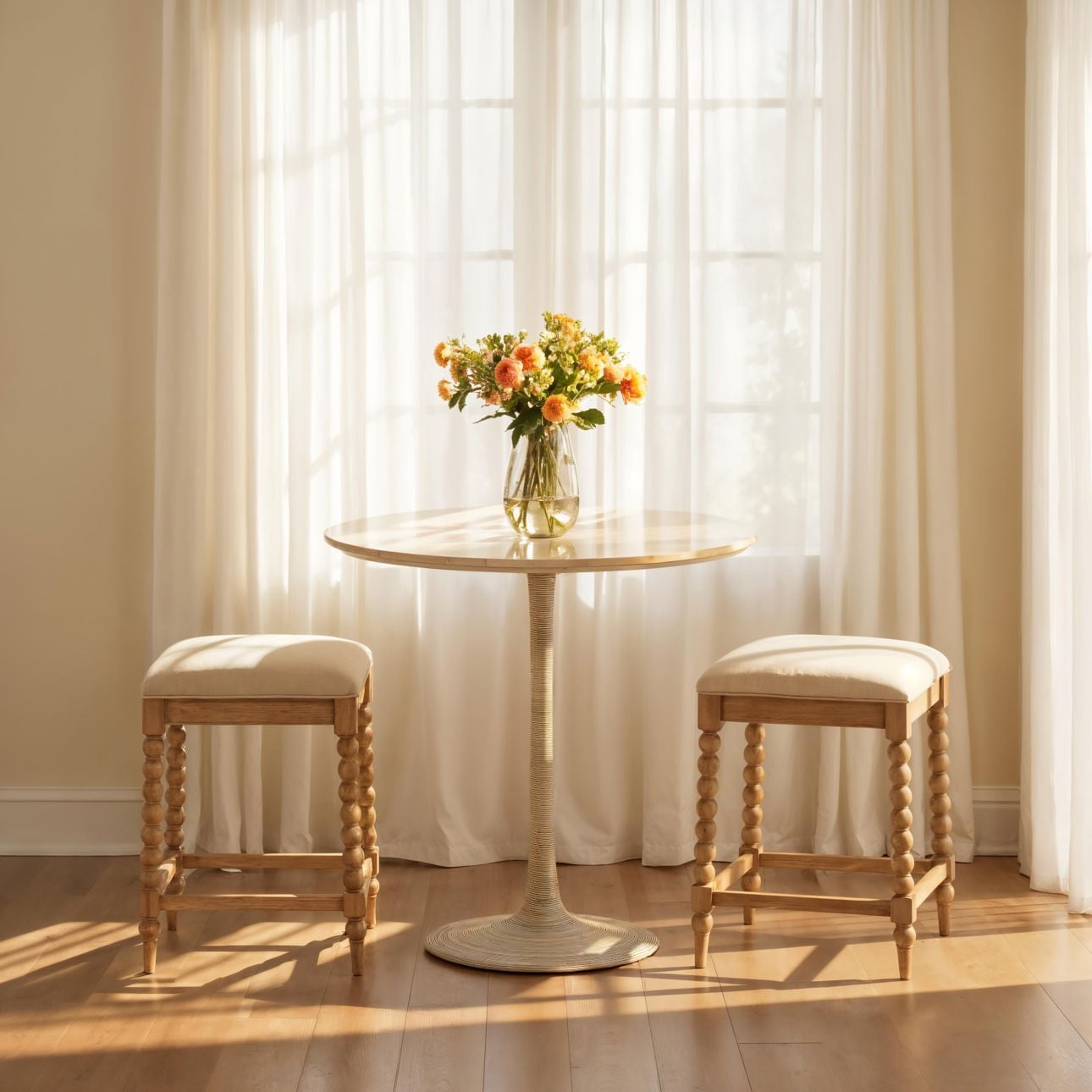 Beige and Natural Basketweave Fabric and Oak Wood Stool 18.5 in Wide