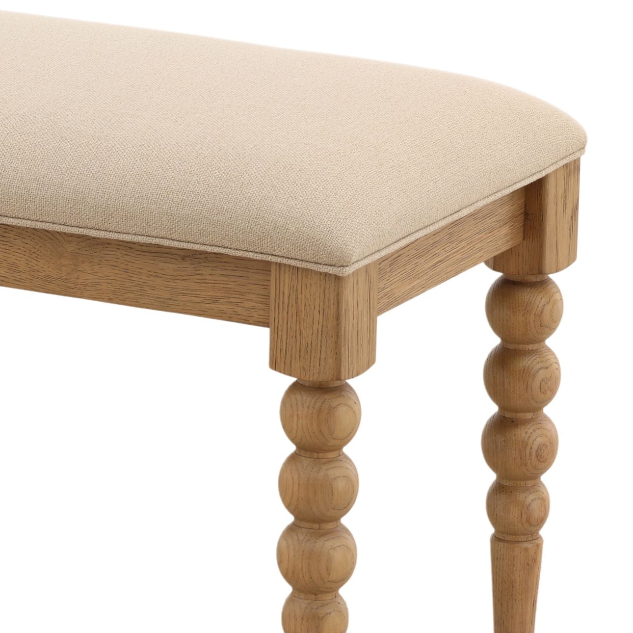 Beige and Natural Basketweave Fabric and Oak Wood Bench 57.5 in Wide