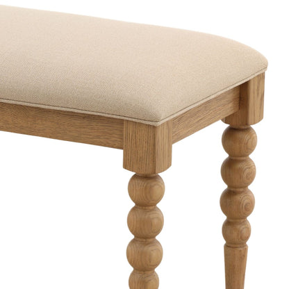 Beige and Natural Basketweave Fabric and Oak Wood Bench 57.5 in Wide
