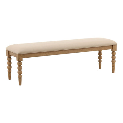Beige and Natural Basketweave Fabric and Oak Wood Bench 57.5 in Wide