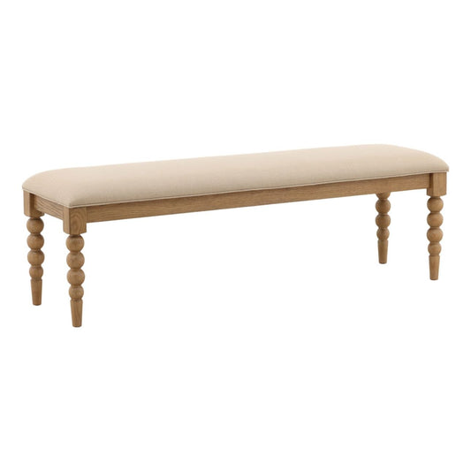 Beige and Natural Basketweave Fabric and Oak Wood Bench 57.5 in Wide