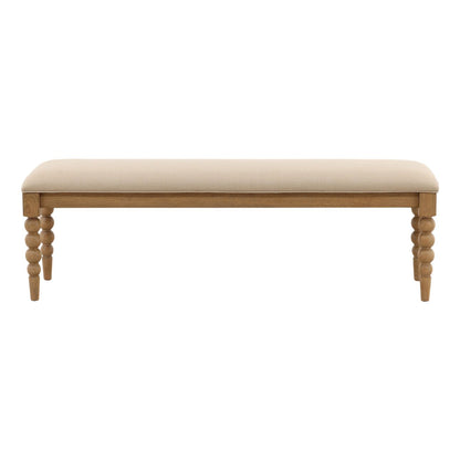 Beige and Natural Basketweave Fabric and Oak Wood Bench 57.5 in Wide