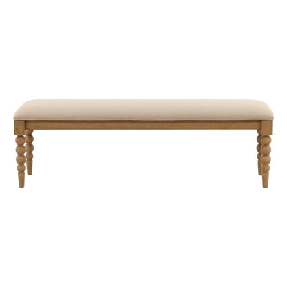 Beige and Natural Basketweave Fabric and Oak Wood Bench 57.5 in Wide