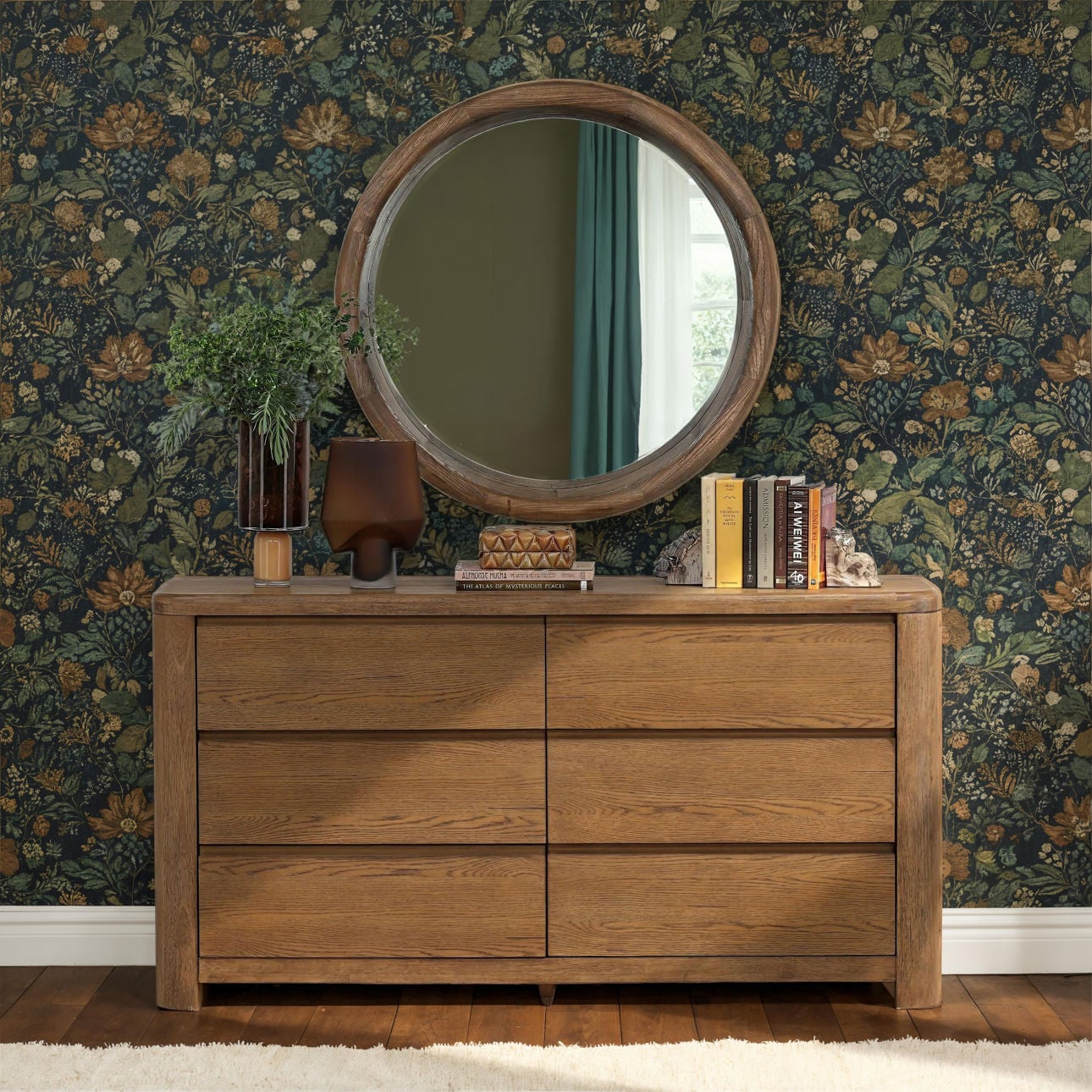 Brown Oak Veneer and Rubber Wood Dresser 67 in Wide