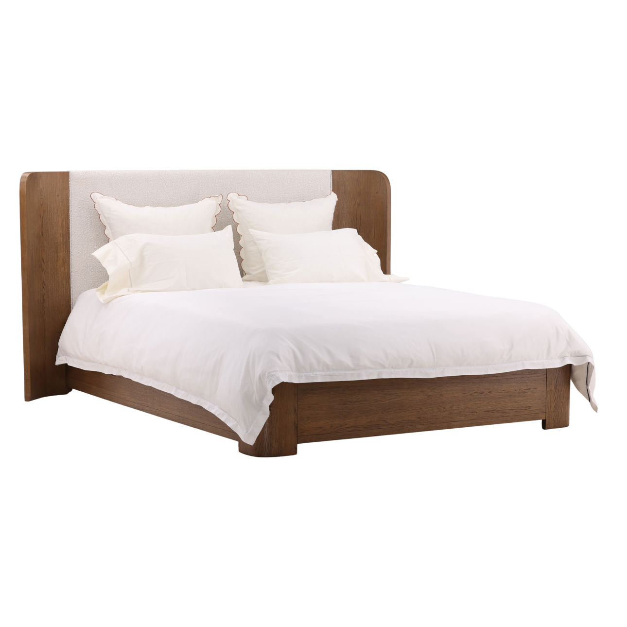 Cream and Natural Boucle Fabric and Oak Veneer Bed 84 in Wide