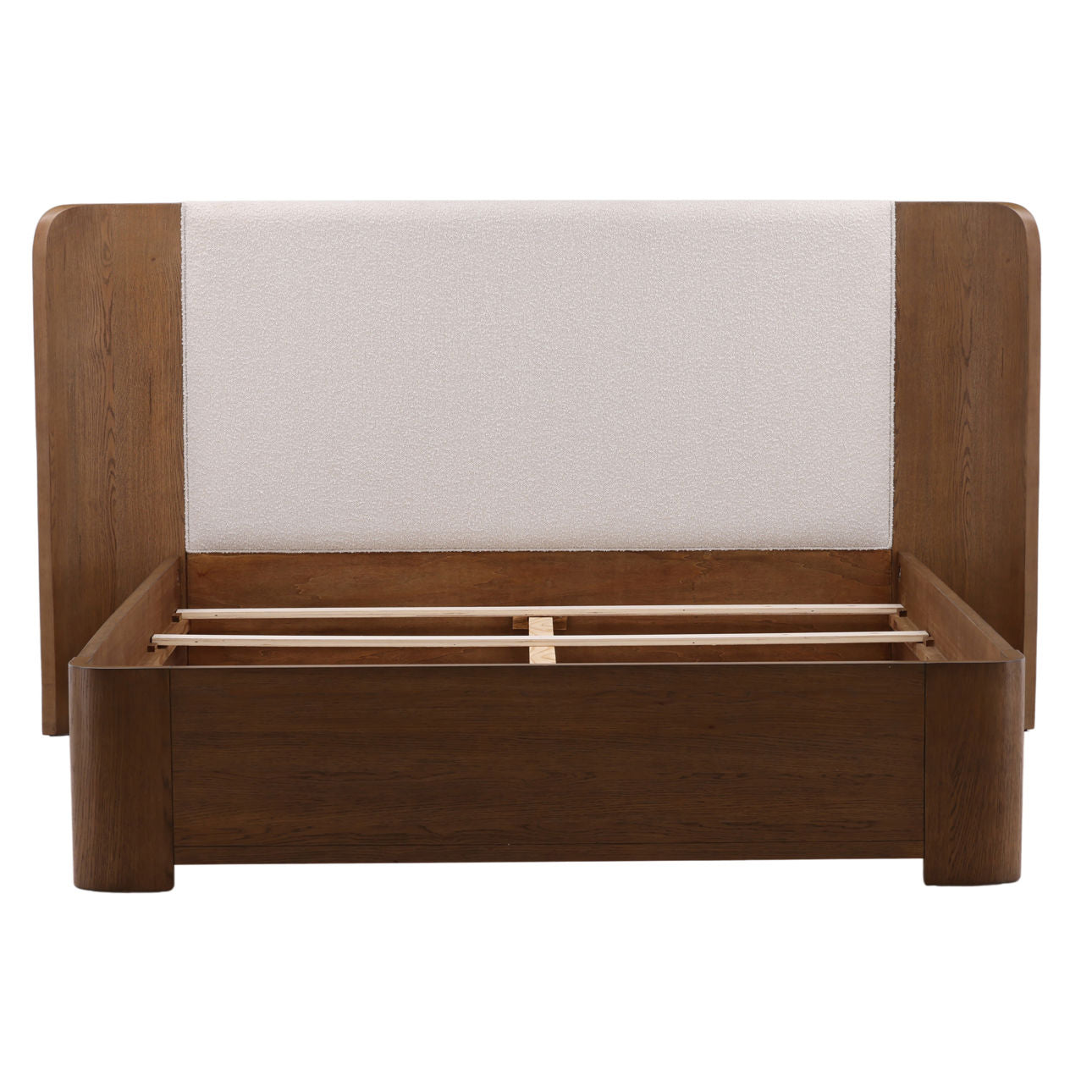 Cream and Natural Boucle Fabric and Oak Veneer Bed 84 in Wide