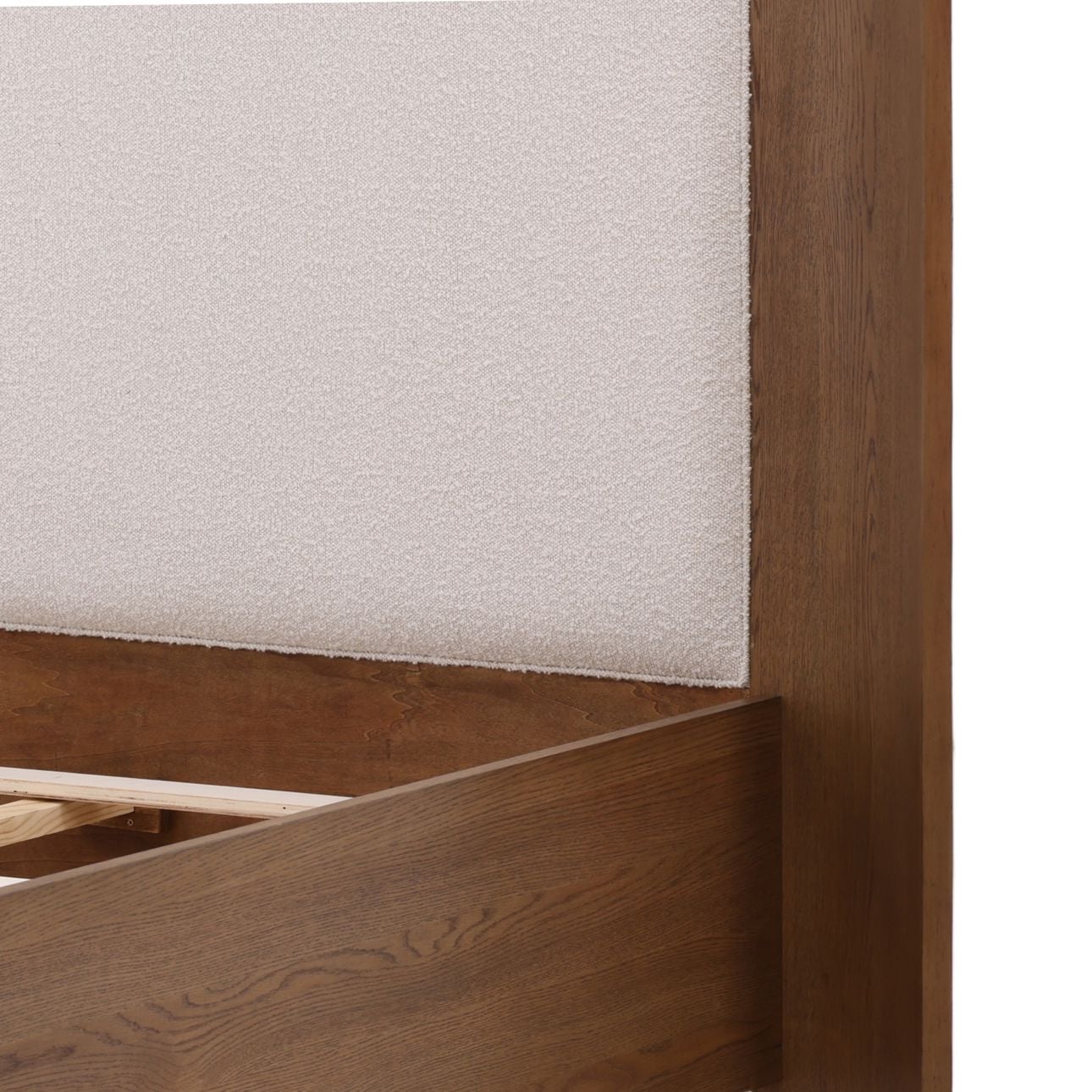 Cream and Natural Boucle Fabric and Oak Veneer Bed 84 in Wide