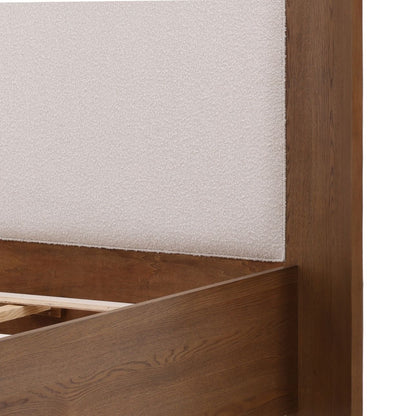 Cream and Natural Boucle Fabric and Oak Veneer Bed 84 in Wide