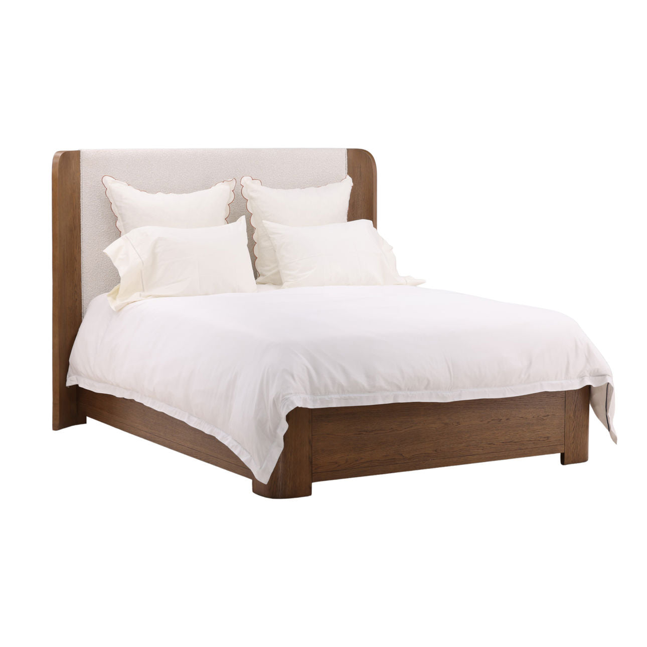 Cream and Natural Boucle Fabric and Oak Veneer Bed 84 in Wide