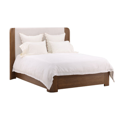 Cream and Natural Boucle Fabric and Oak Veneer Bed 84 in Wide
